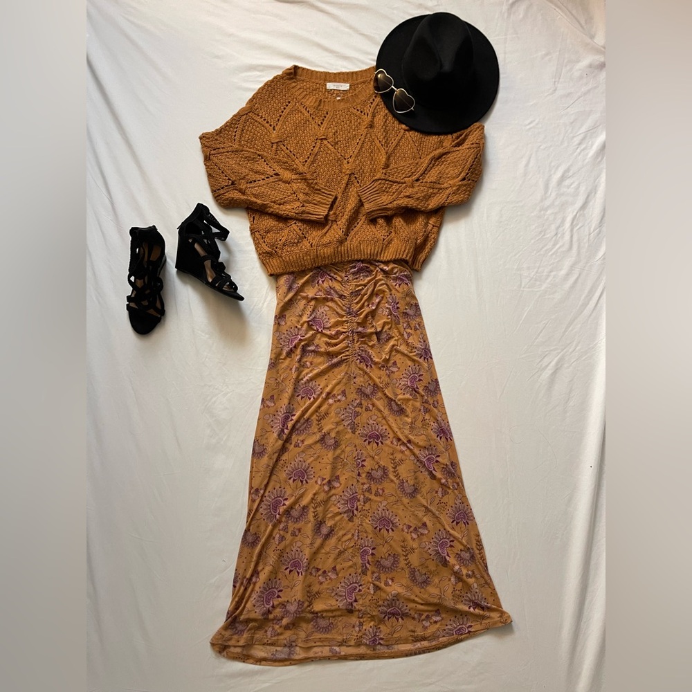 Knit Sweater with Floral/Paisley Skirt Outfit